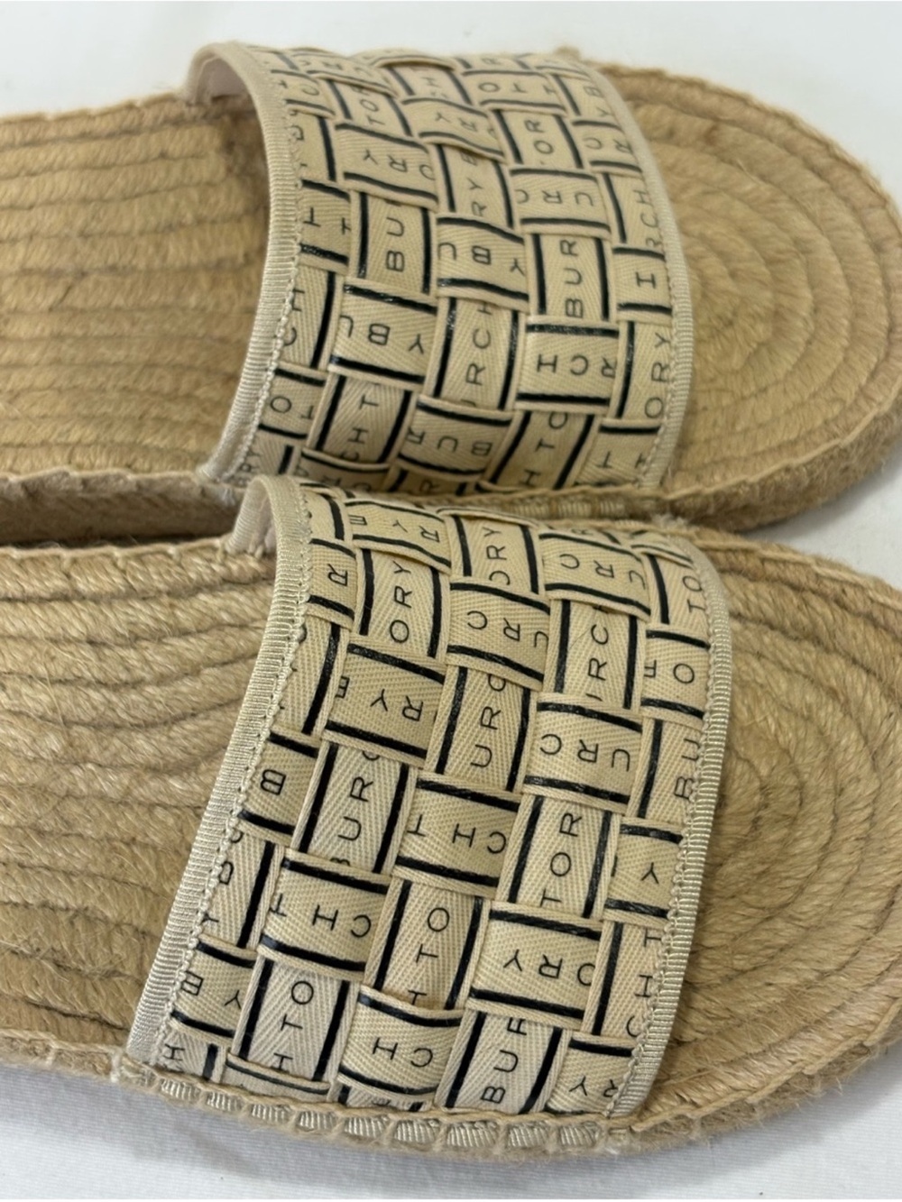 Tory Burch Tan Logo Woven Espadrille Slide Ribbon Sandals SZ 7.5 Graphic Canvas